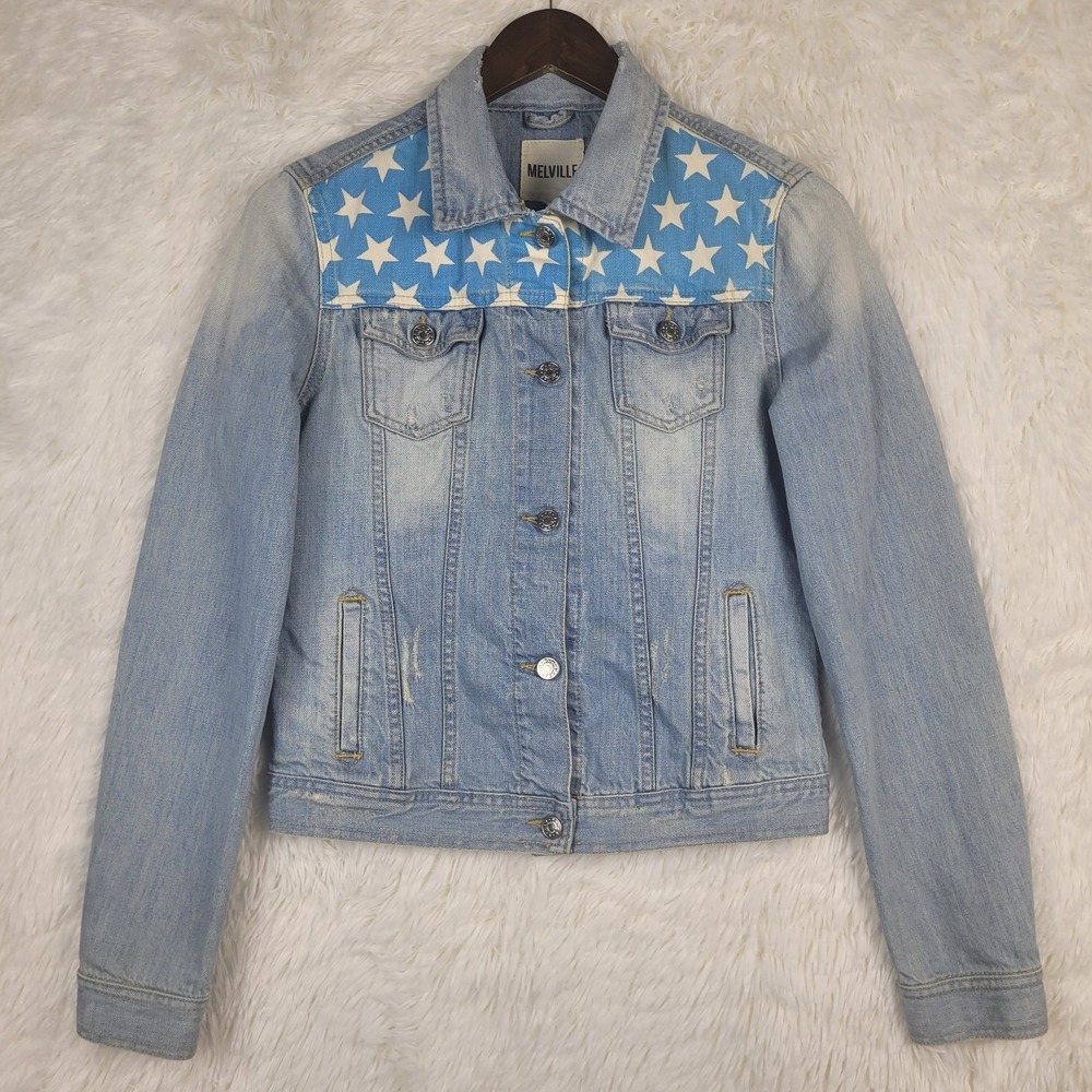 Brandy Melville Sz L Denim Trucker Jacket Stars Stripes USA Flag Made In Italy